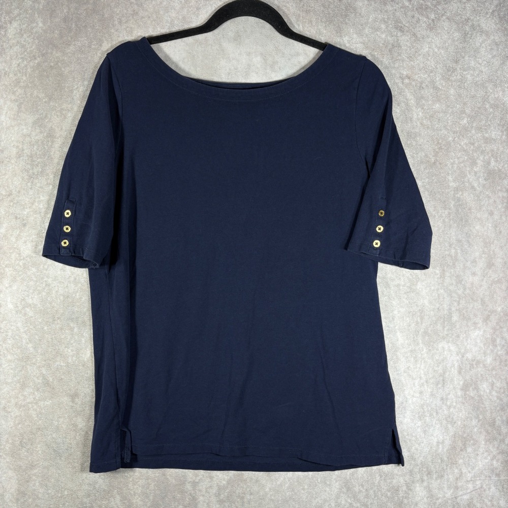 Lauren Ralph Lauren Top Womens XL Navy Blue Boat Neck Gold Button Detail Casual